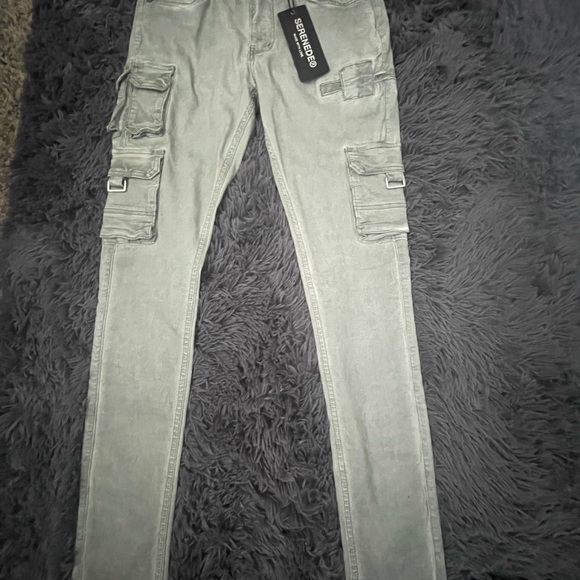 Serenede Men's Skinny Cargo Jeans Pants in Light Ashy Gray - Picture 1 of 4